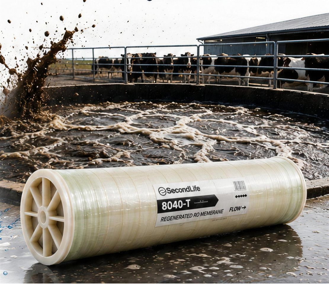 A Second Life RO regenerated element in front of a livestock manure lagoon, cows behind