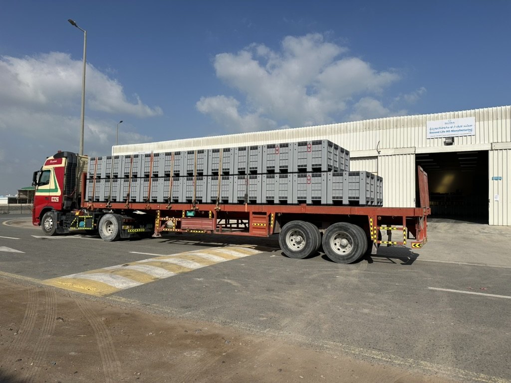 A truck loaded with collection boxes of spent elements at our plant in Ras Al Khaimah