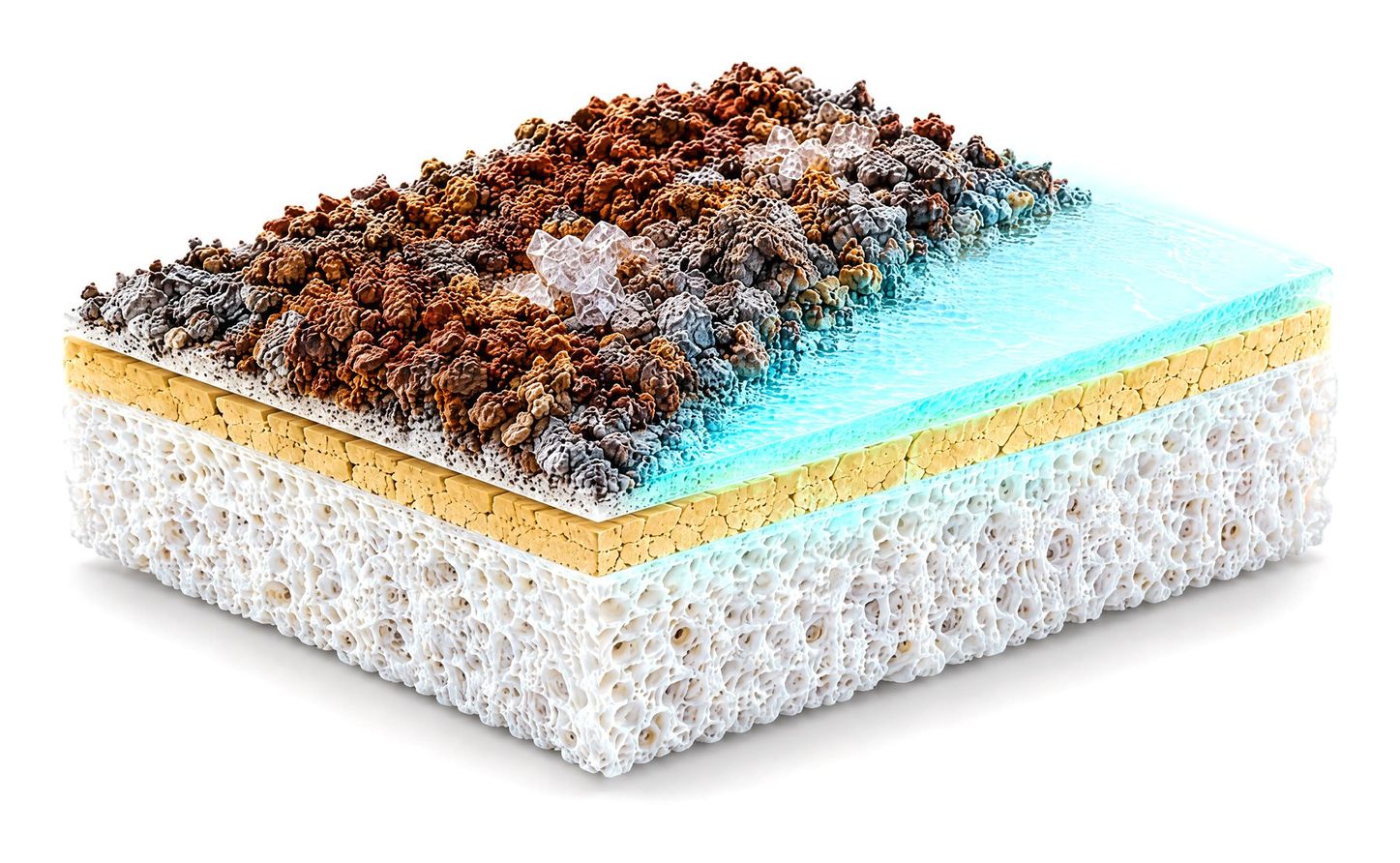 Illustration of a spent seawater membrane in cross-section: fouling and scale on the left, the regenerated surface glowing cyan on the right, the thin golden selective layer and the white porous support underneath