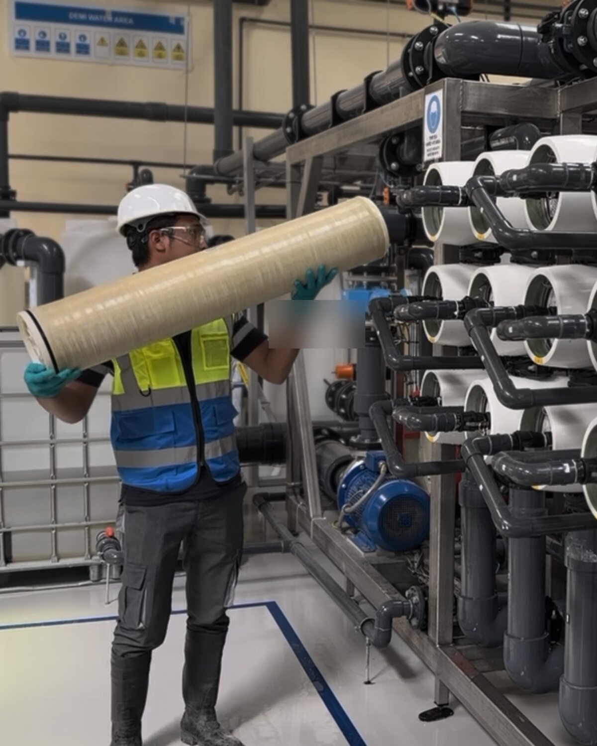 Operator in PPE carrying an element to an RO train